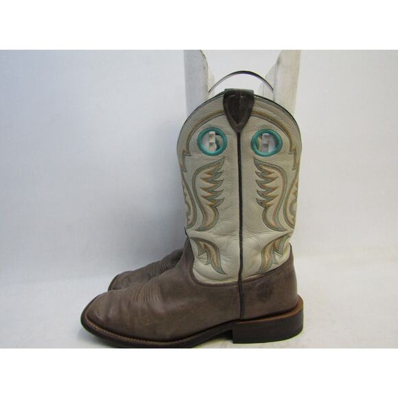 Justin Bent Rail Mens Sz 9.5 D Cream Brown Leather Buckaroo Cowboy Western Boots